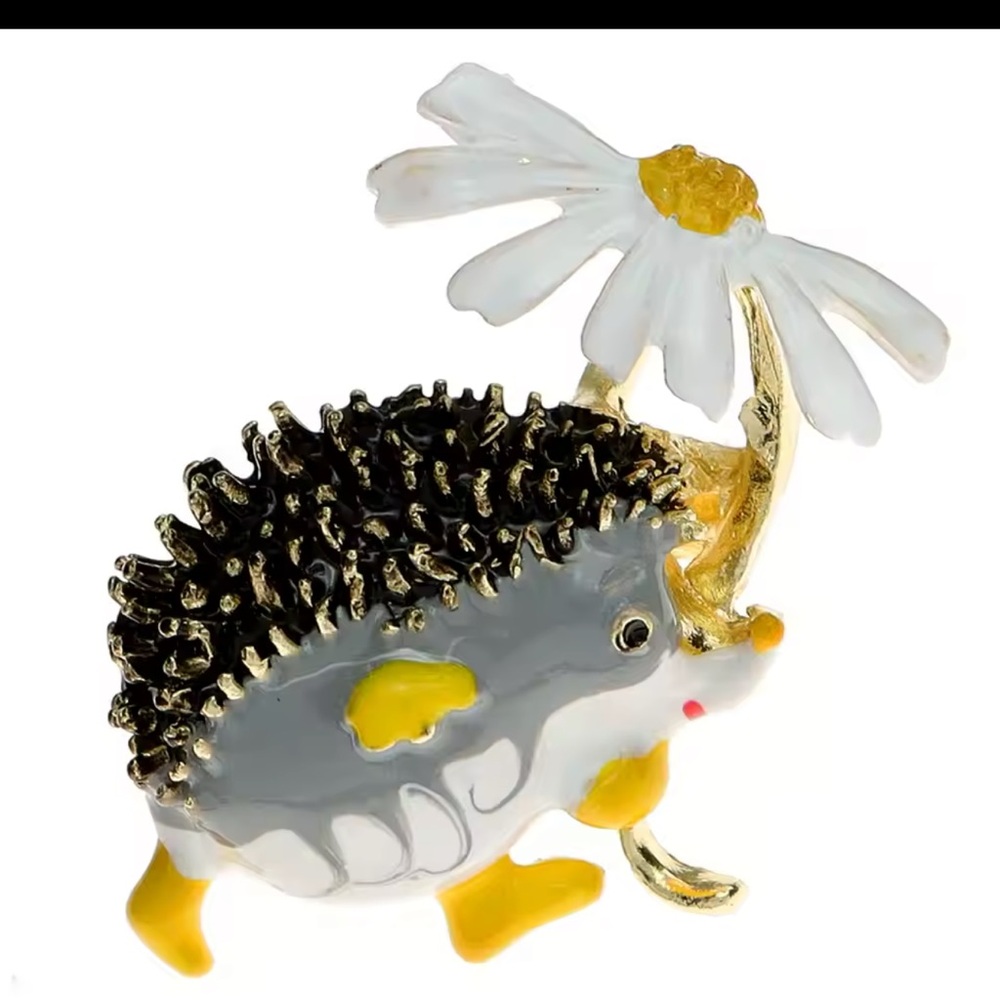 NEW Porcupine with Flower Brooch – Whimsical Animal Pin, Gold-Tone, Cute Gift